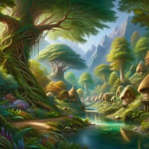 Enchanting Elvish Landscape: Mythical Forest, Crystal Brook, Serene Village