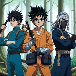 Japanese Animation Style Scene with Three Characters in Intense Training Session