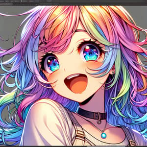 Joyous Anime Girl with Big Eyes and Colorful Hair