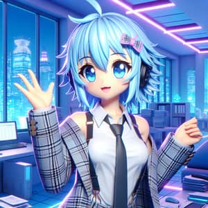 Endearing 3D Anime Tax Accountant | Cyberpunk-Inspired Office