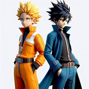 Anime-Style Characters in Orange and Blue Costumes
