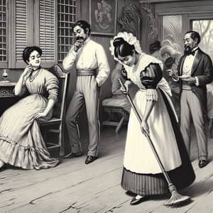 19th Century Scene in the Philippines: Slave Woman Cleaning as High-class Persons Talk