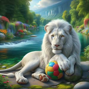 White Lion Playfully Lounging by Riverbank | Peaceful Serenity