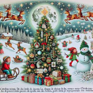 Festive Christmas Scene with Snowman, Reindeer & Peaceful Prayer