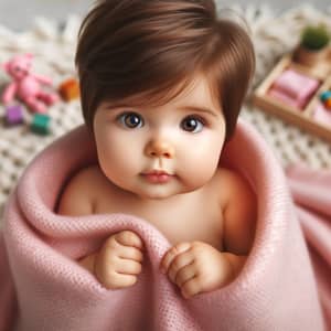 Adorable Baby Girl in Pink Blanket with Colorful Toys