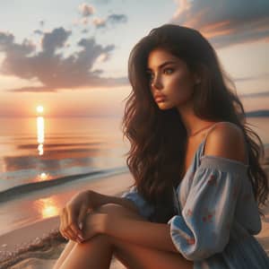 Beautiful Hispanic Girl Watching Sunset on Calm Sea