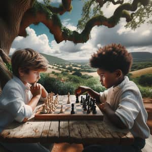 Intriguing Chess Match Between Hispanic and Black Boys Outdoors
