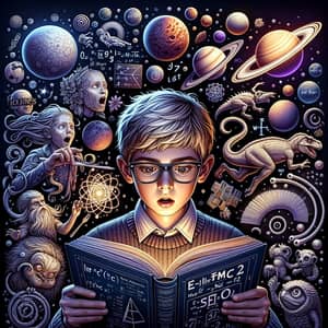 Ultra-Detailed Illustration: Surprised Boy with Science Book