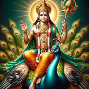Lord Subramanya: Divine Spear-Wielding Deity on Vibrant Peacock