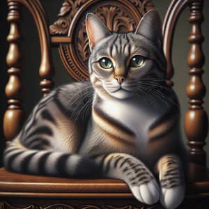 Graceful Tabby Cat Sitting on Antique Wooden Chair