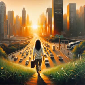 Woman Bidding Farewell to Urban Life in Oil Painting