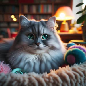 Silvery Blue Fluffy Cat Basking in Evening Light