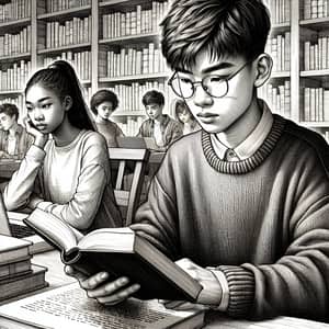Serene Library Atmosphere: Teenage Boy & Girl Studying | Library Sketch