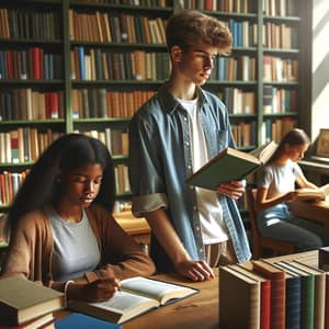 Teenage Boy and Girl Engrossed in Library | Science Fiction & History Books