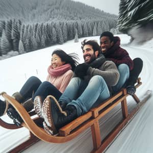 Thrilling Winter Sled Ride with Diverse Group