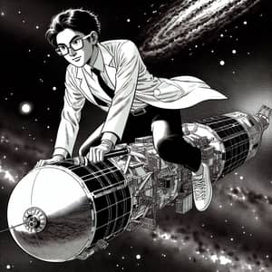 South Asian Researcher Riding Satellite in Space, Manga Style