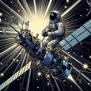 Comic-Style Researcher Riding Satellite in Space
