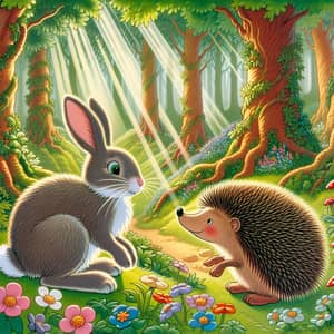 Enchanting Forest with Rabbit and Hedgehog - Magical Scene