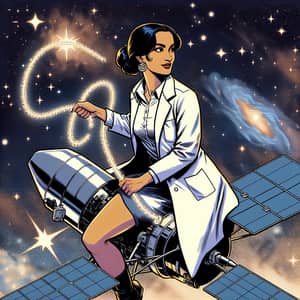 Female Researcher Rides Satellite in Space - Comic Style Fun