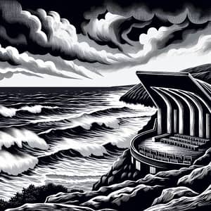 Monochrome Storm View from Minack Theatre in Linocut Print