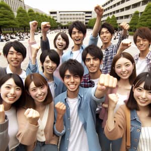 Cheerful Japanese University Students Doing Victory Pose