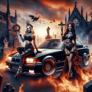 Gothic BMW E36 on Fire: Two Women in Mourning, Tattoos, and Diadems