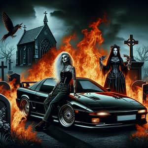 Gothic Fashion Models in Fiery Car Graveyard Scene