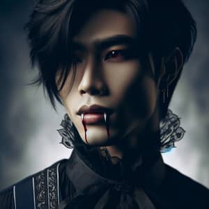 Fashion-Forward Vampire: Gothic Asian Male in Dramatic Lighting