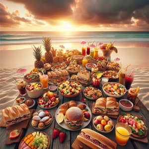 Colorful Beach Picnic with Fruits, Sandwiches, Salad & Pastries