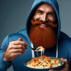 Robust Middle-Eastern Man Enjoying Shrimp Alfredo Meal
