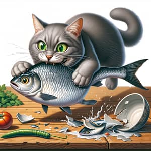 Mischievous Cat Stealing Shiny Silver Fish - Illustration