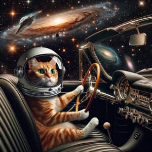 Cat Driving Car in Space Among Stars
