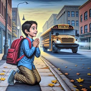Hispanic Boy Excitedly Waiting for School Bus on Square Street