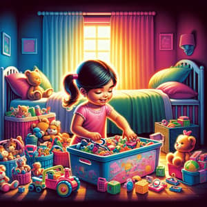 Hispanic Little Girl Organizing Toys in Colorful Room | Pixar Style