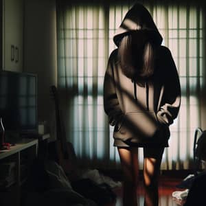 Young Asian Woman Standing in Dark Room | Hoodie & Shorts