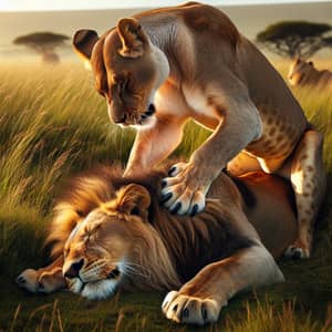Lioness Massaging Lion | Wildlife Serenity Scene
