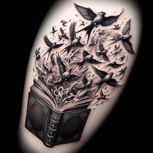 Intricately Crafted Book Tattoo with Flurry of Birds