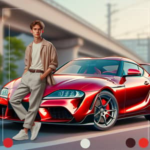 Vibrant Red Toyota Supra with Asian Man: Sleek Car Photos