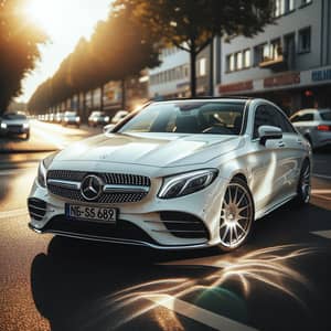 White Mercedes Benz Car with Silver Accents in Sunlit Streets of Germany