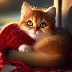 Adorable Domestic Short Hair Cat Playing with Red Yarn