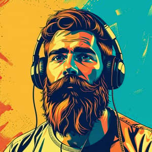 Bearded Man with Headphones, Vector Image