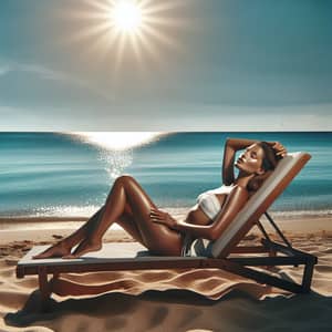 Serene Beach Scene: Caucasian Woman Relaxing Under the Sun