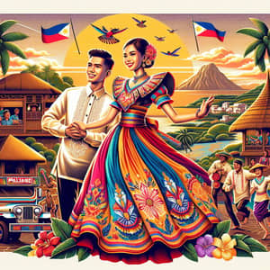 Philippines Culture Illustration with Maria Clara Dress & Barong Tagalog