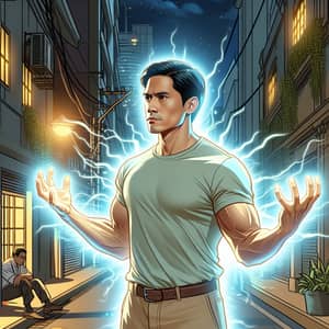 Powerful Filipino Man with Glowing Aura in Urban Street