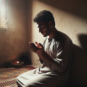 Middle-Eastern Man Praying Devoutly in Humble Setting
