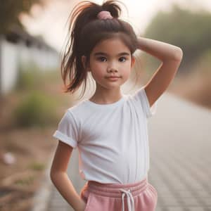 South Asian Girl Tying Hair Outdoors | Pink Shorts & White T-shirt
