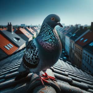 Close-up of a Pigeon Perched on a Rooftop | Feathers Shimmering in Grey and Blue