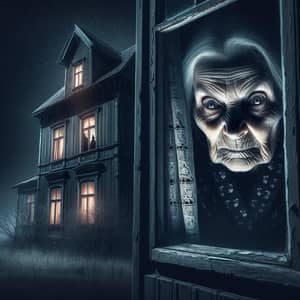 Terrifying Elderly Lady Peeking Out of Abandoned House at Night