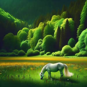 Lush Meadow with White Unicorn - Rainbow Mane and Enchanting Forest