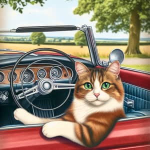 Playful Cat Driving Red Vintage Car in Scenic Field